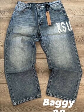 Ksubi Baggy Jeans in Washed Blue with White KSQ Print